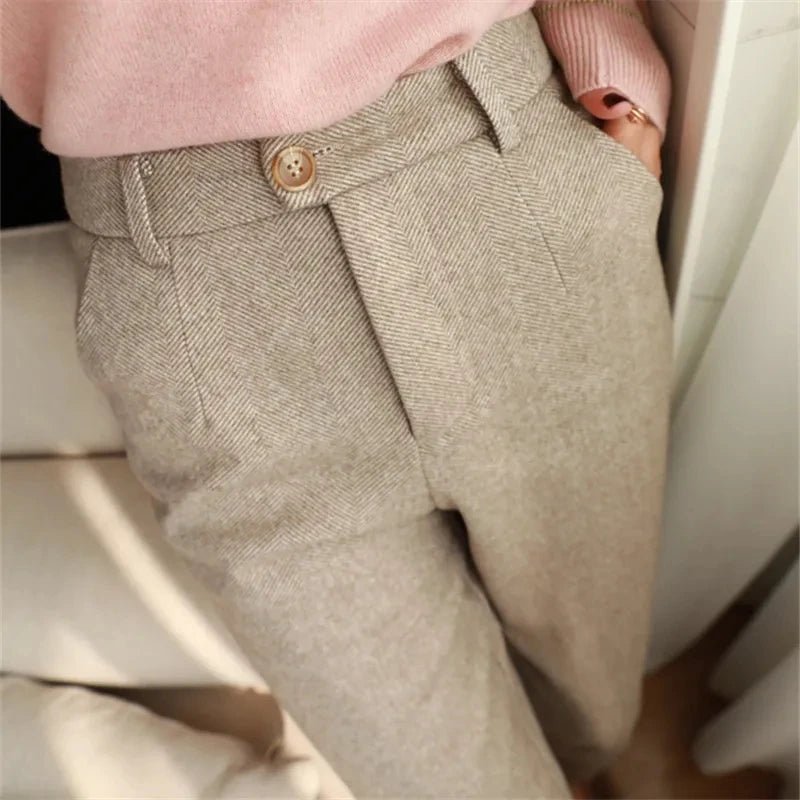 Woolen Pants Women's Winter High Waisted Casual Suit Pants Office Lady Women Trousers