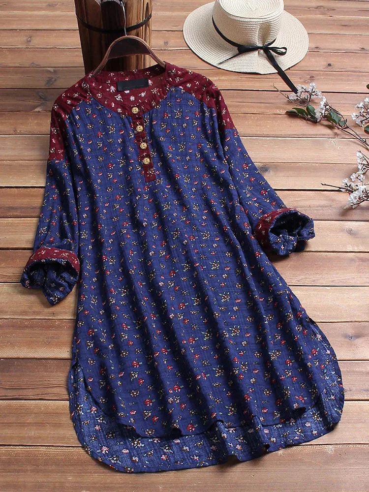 Plus Size Spring Summer Cotton Linen Printed Stand Long Shirt Bust 157cm 4XL 5XL 6XL 7XL 8XL 9XL 10XL Loose Long Sleeve Top