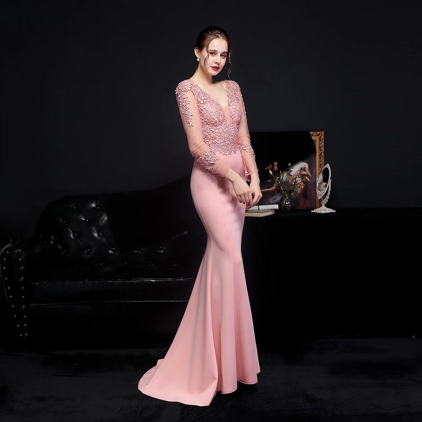 Evening Dress Pink Appliques Stretchy Full Sleeves V-neck Zipper Mermaid Trumpet Floor Length Women Party Formal Gowns YE079