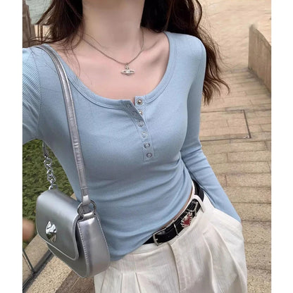 Women's Clothing 2024 Spring Autumn Fashion Rib Knit Long Sleeve Basic T-shirts Y2K Female Simple Casual Solid O Neck Slim Tops