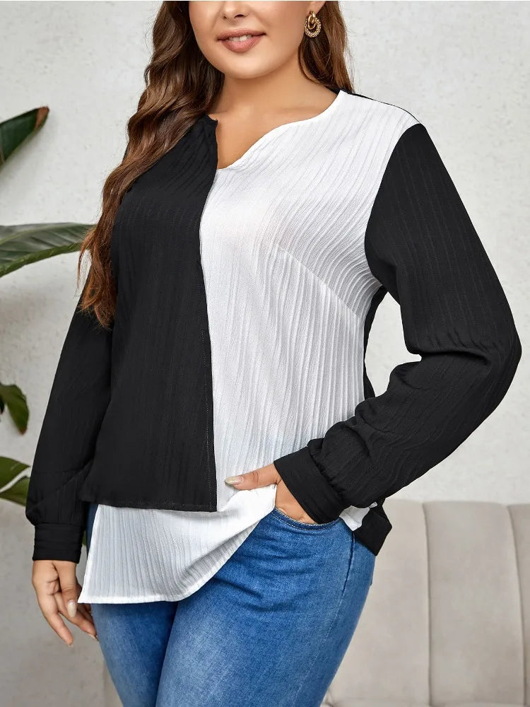 Plus Size Long Sleeve Color Block Women Top Shirts Cut Out V Neck Striped Blouses Female Irregular Tee Sprinf Fall Cloth