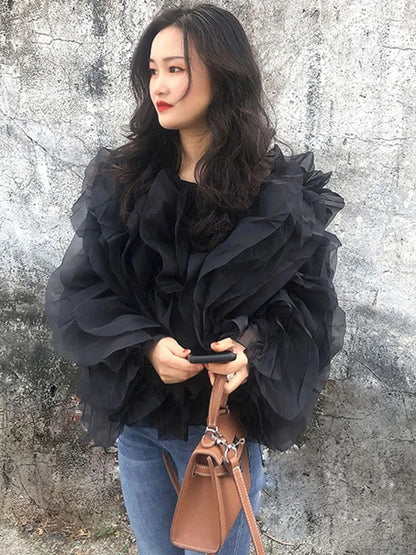 TWOTWINSTYLE Elegant Patchwork Ruffles Chiffon Blouses Women O Neck Lantern Long Sleeve Loose Shirt Female Clothing Fashion