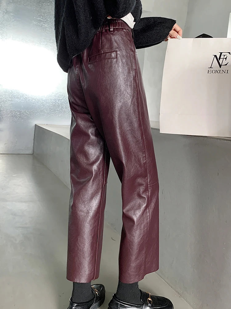 QOERLIN Fall Winter PU Leather Pants Women Elegant High Waist Pockets Faux Leather Harem Pant Female Back Elastic Waist Trousers