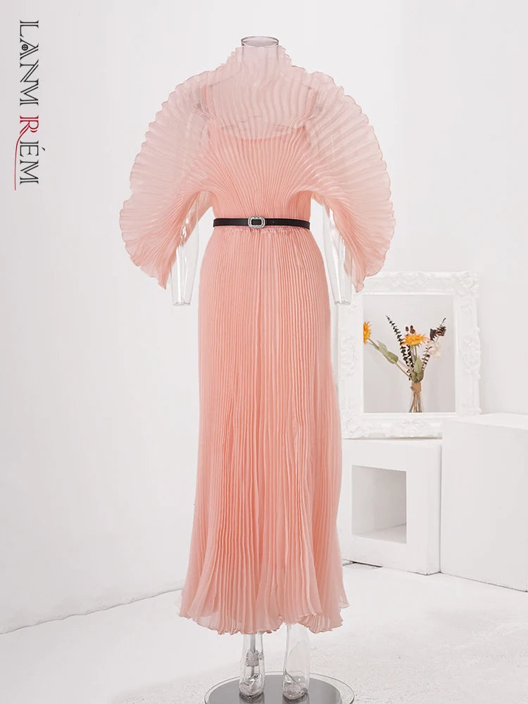 Designer Pleated A-Line Evening Dress – Elegant Long Gown with Belted Gathered Waist.