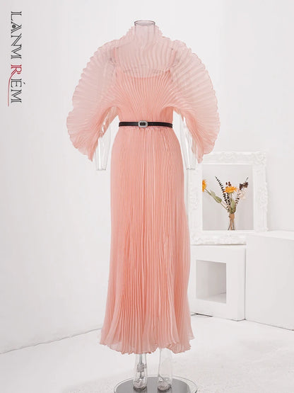 Designer Pleated A-Line Evening Dress – Elegant Long Gown with Belted Gathered Waist.