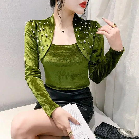 Women's Clothing Autumn and Winter New Arrivals Fashion Beading National Style Velour Tops All-match Long Sleeve T-Shirts