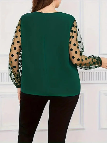 Plus Size Notch Neck Dot Mesh Long Sleeve Blouse Women Spring Summer Black Elegant Office Ladies Casual Tops Blouses