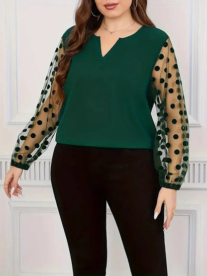 Plus Size Notch Neck Dot Mesh Long Sleeve Blouse Women Spring Summer Black Elegant Office Ladies Casual Tops Blouses