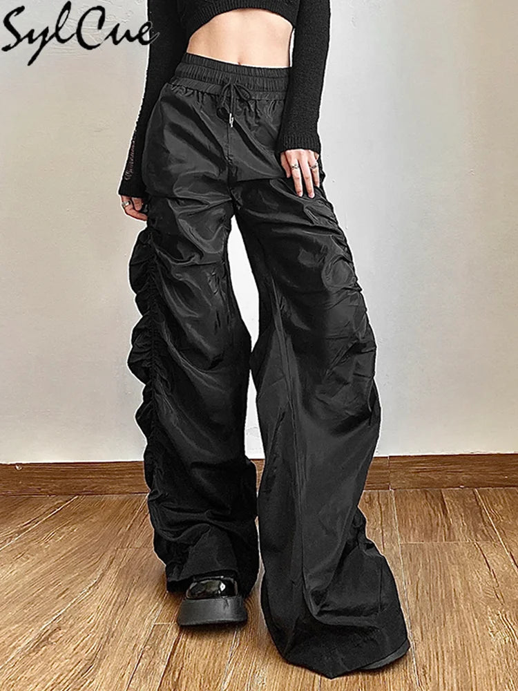 Sylcue Fashion Trend Personalized Self-Confidence Avant-Garde Cool All-Match Casual Loose Girl High Waist Wide Leg Lantern Pants