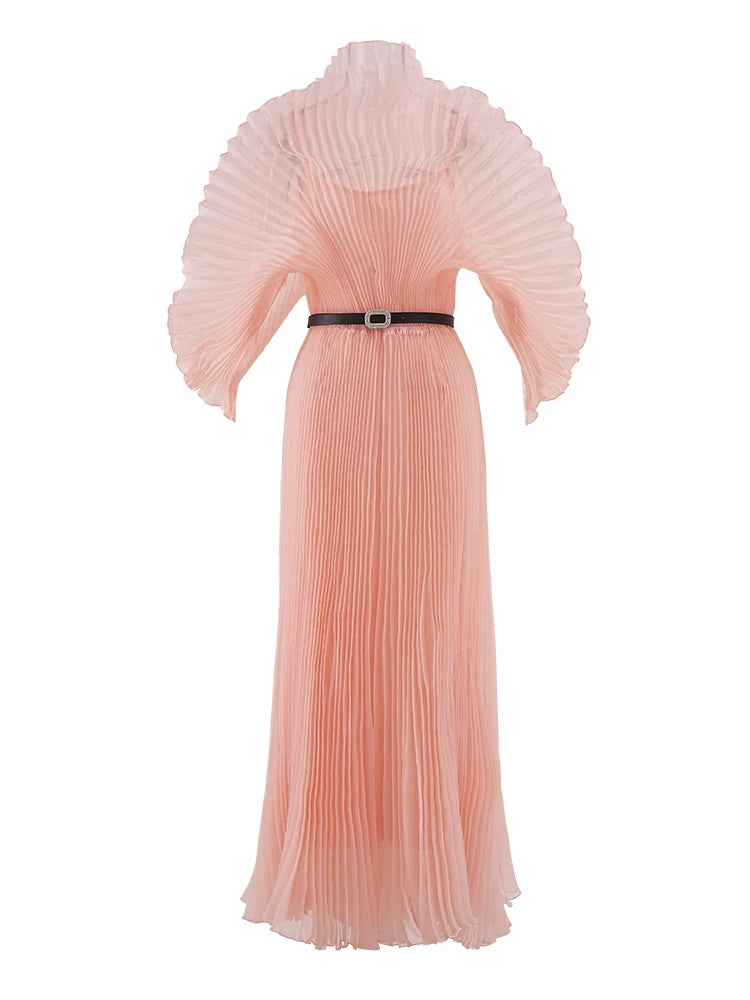 Designer Pleated A-Line Evening Dress – Elegant Long Gown with Belted Gathered Waist.