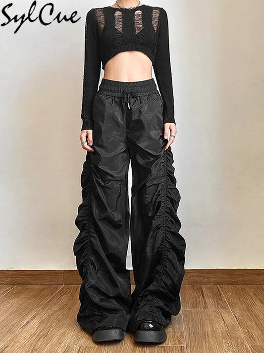 Sylcue Fashion Trend Personalized Self-Confidence Avant-Garde Cool All-Match Casual Loose Girl High Waist Wide Leg Lantern Pants