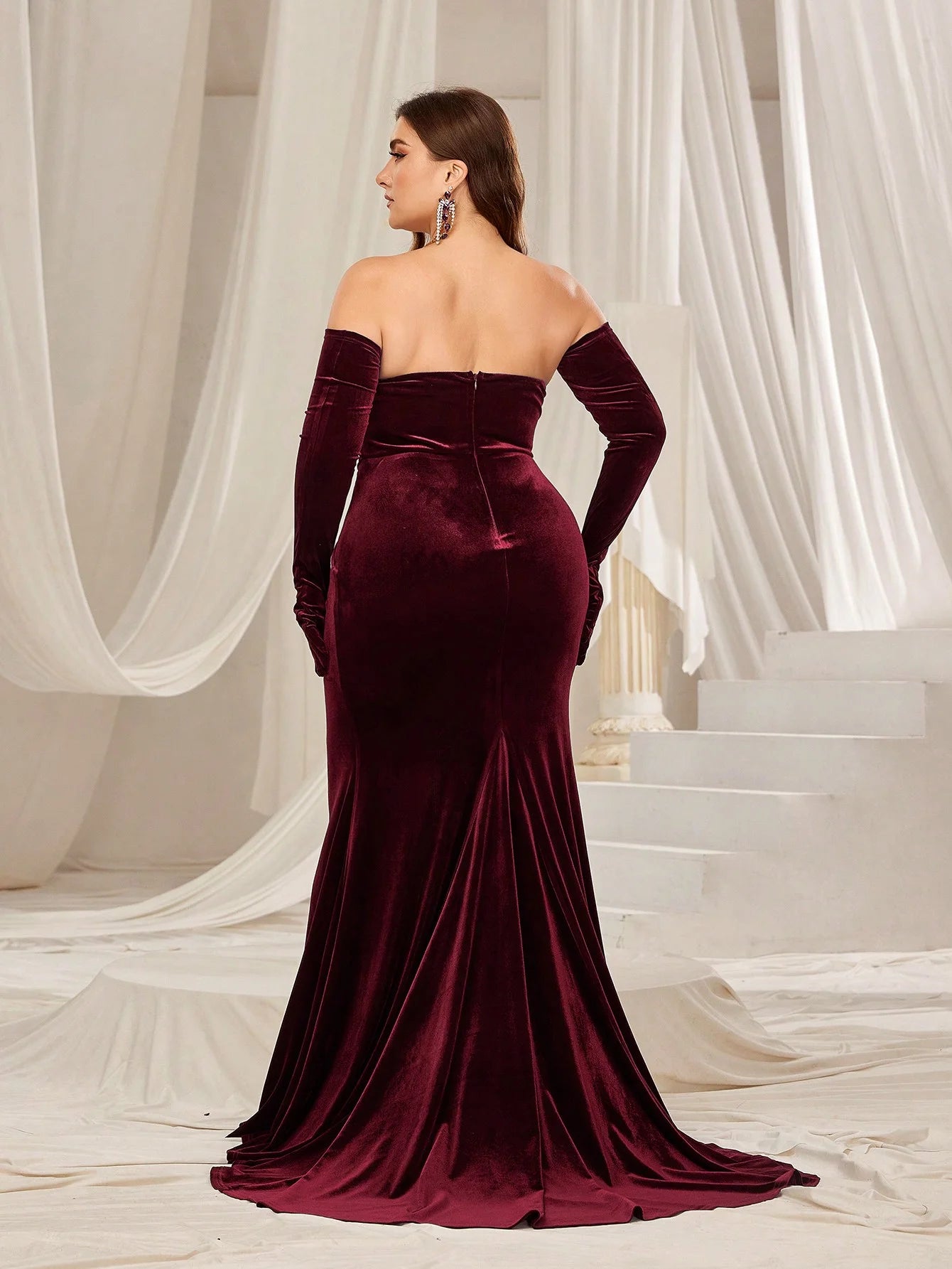 Plus Velvet Ruched Wrap Hem Tube Prom Dress(Gloves Included)