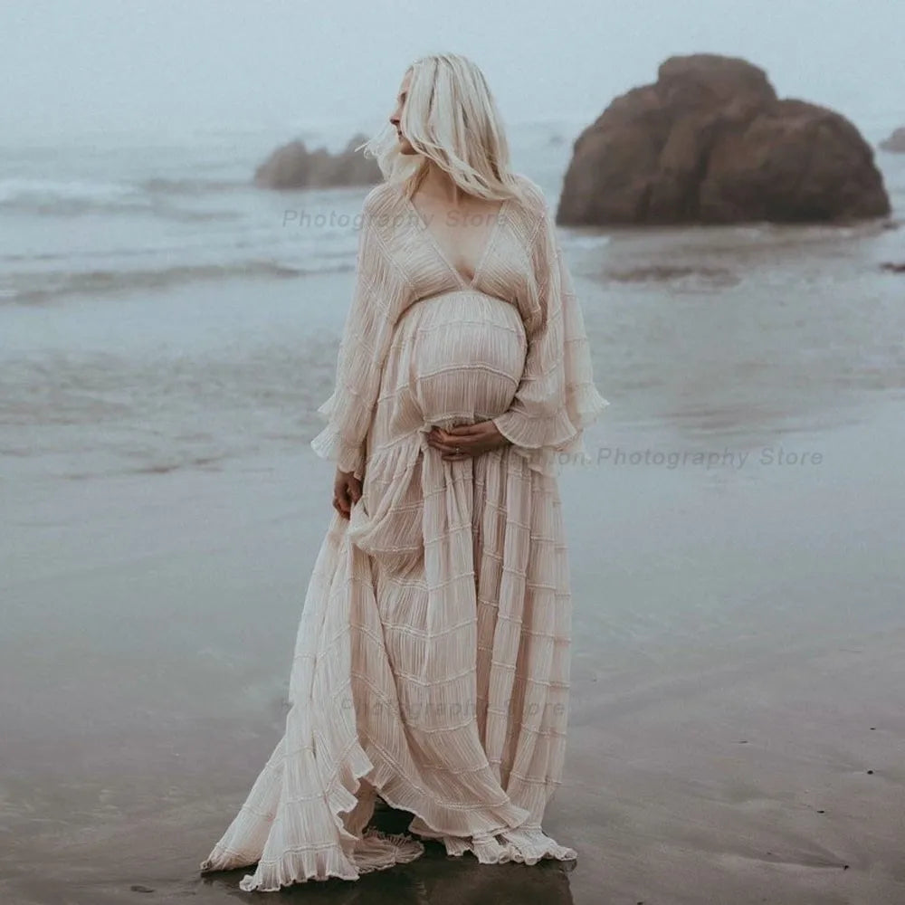 Boho Maternity Dresses For Photo Shoot Sexy V-neck Pleated Chiffon Long Sleeve Ruffle Pregnancy Dress Women's Photography Gowns