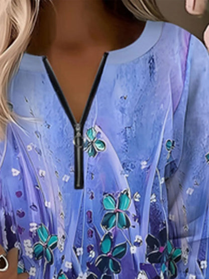 Plus Size Casual Shirt, Women's Plus Floral Print Half Zipper Long Sleeve Round Neck Top