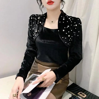 Women's Clothing Autumn and Winter New Arrivals Fashion Beading National Style Velour Tops All-match Long Sleeve T-Shirts