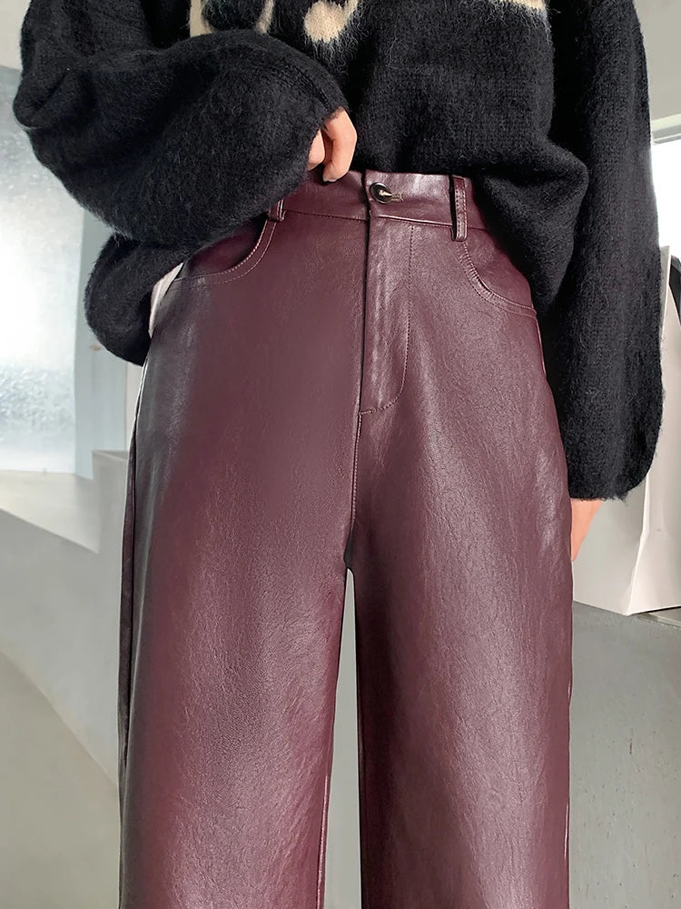 QOERLIN Fall Winter PU Leather Pants Women Elegant High Waist Pockets Faux Leather Harem Pant Female Back Elastic Waist Trousers