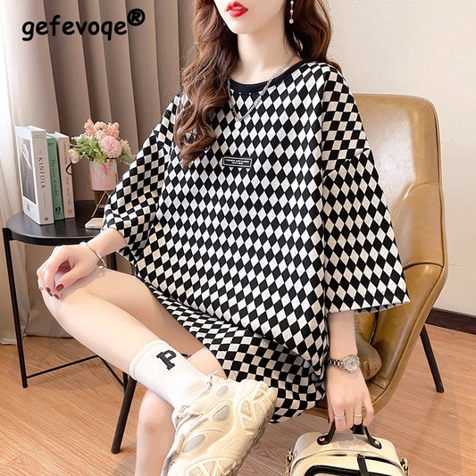 Women Clothing 2024 Summer Korean Fashion Plaid Print Oversized Y2K T-shirt Female Casual Streetwear Short Sleeve Chic Long Tops