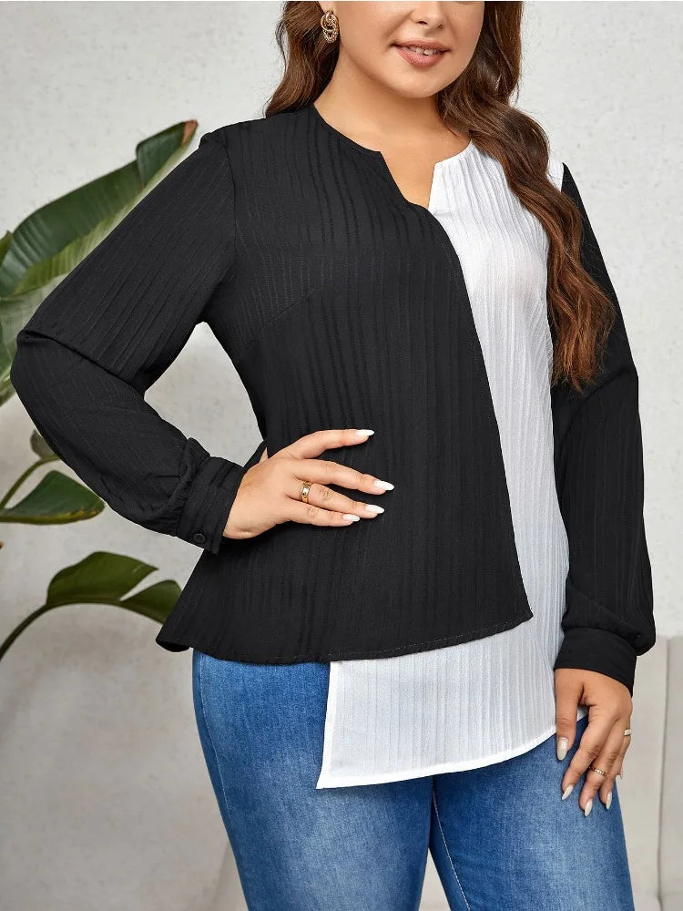 Plus Size Long Sleeve Color Block Women Top Shirts Cut Out V Neck Striped Blouses Female Irregular Tee Sprinf Fall Cloth