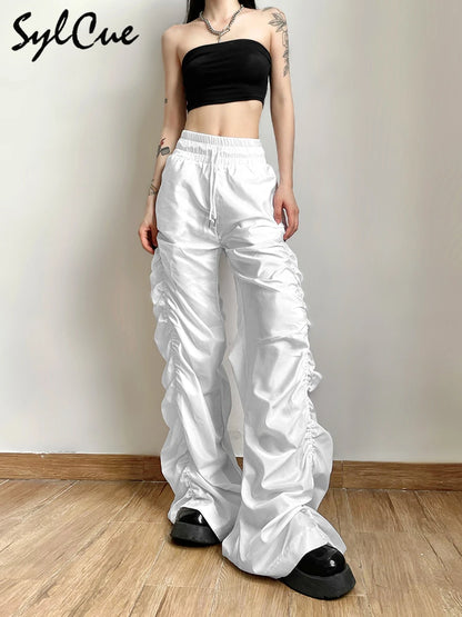 Sylcue Fashion Trend Personalized Self-Confidence Avant-Garde Cool All-Match Casual Loose Girl High Waist Wide Leg Lantern Pants