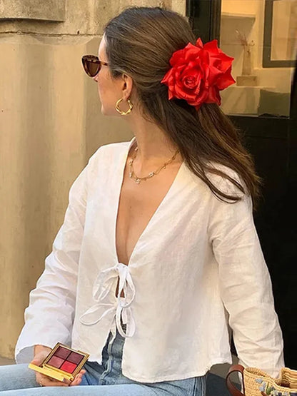 Summer White Lace Up Shirts For Women‘s Elegant Loose Long Sleeve V-neck Blouse Female Solid Causal Street Chic lady Tops