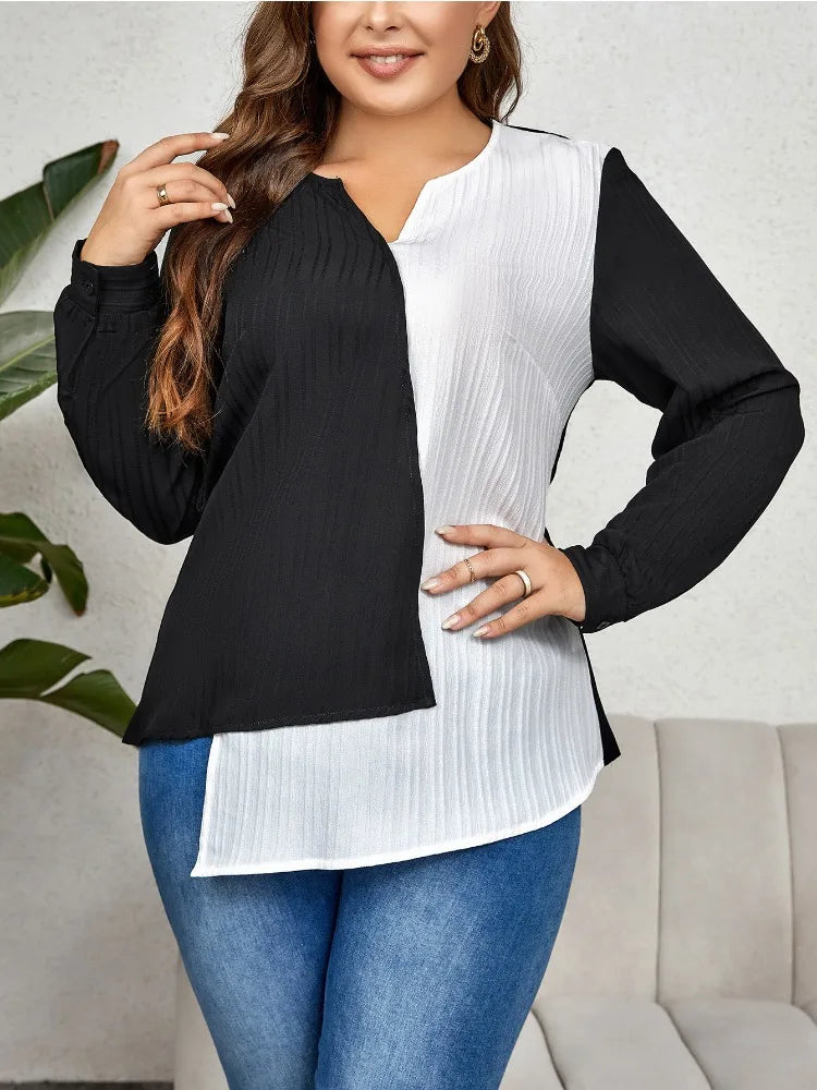 Plus Size Long Sleeve Color Block Women Top Shirts Cut Out V Neck Striped Blouses Female Irregular Tee Sprinf Fall Cloth