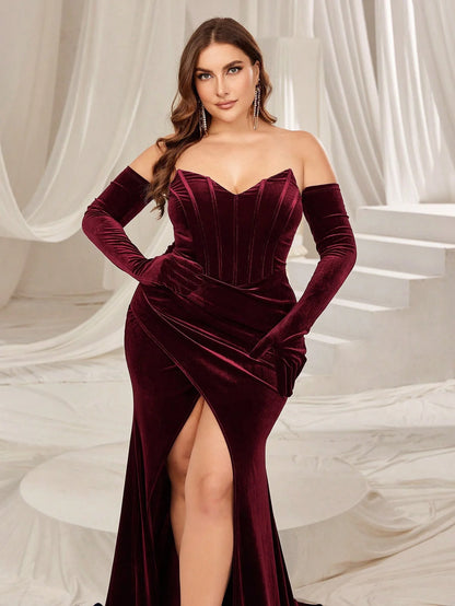 Plus Velvet Ruched Wrap Hem Tube Prom Dress(Gloves Included)