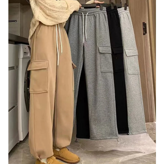 Autumn Winter Women Pants Elastic Waist Drawstring Large Pocket Trousers Youthful Loose Casual Sports Solid Straight Cargo Pant