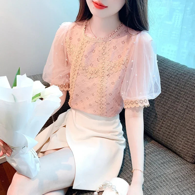 Summer Women's Short Sleeved Round Neck French Princess Sleeve Solid Color Lace Bead Versatile Tops Blouse Camisas A638