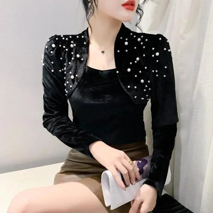 Women's Clothing Autumn and Winter New Arrivals Fashion Beading National Style Velour Tops All-match Long Sleeve T-Shirts