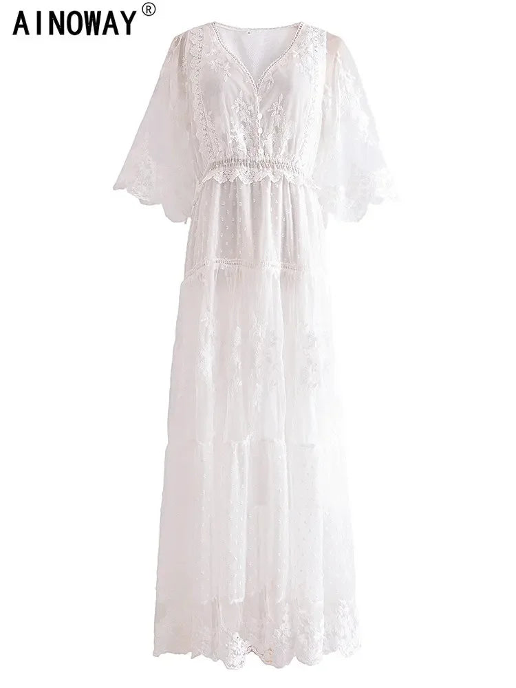 Vintage Chic Women White Lace Short Sleeve Beach Sexy Bohemian Maxi Dress Robe Lady V-neck Party Boho Dresses Vestidos