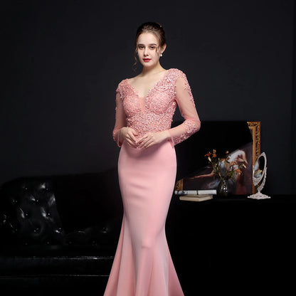 Evening Dress Pink Appliques Stretchy Full Sleeves V-neck Zipper Mermaid Trumpet Floor Length Women Party Formal Gowns YE079