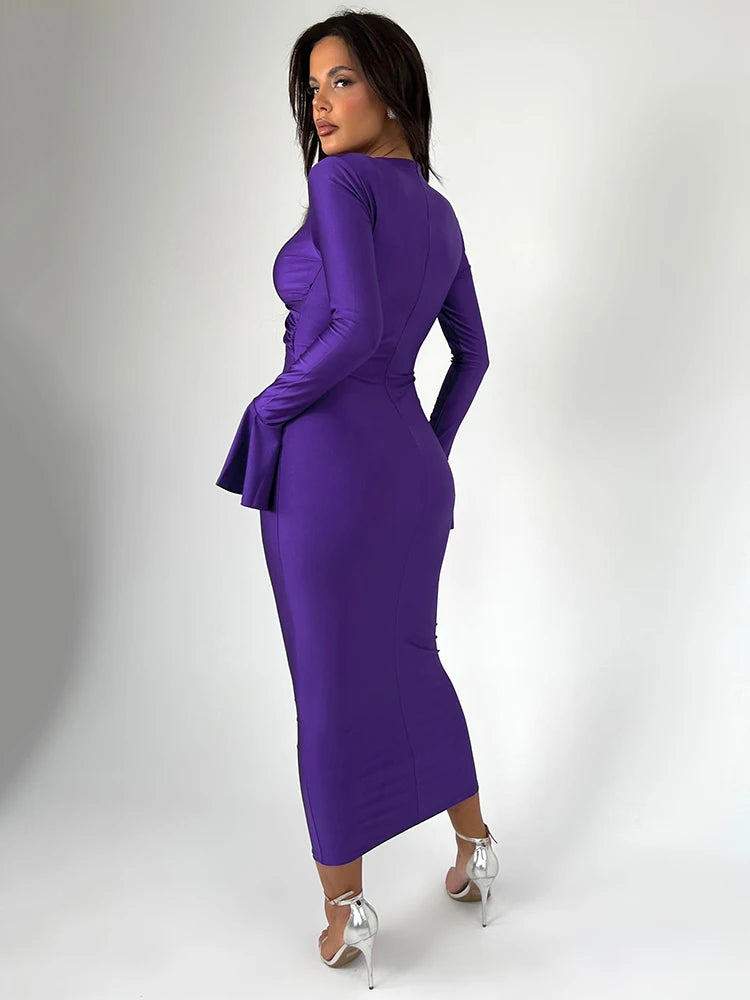 Elegant V-Neck Hollow-Out Maxi Dress – Long Flare Sleeve Bodycon for Spring Club Parties & Evening Events