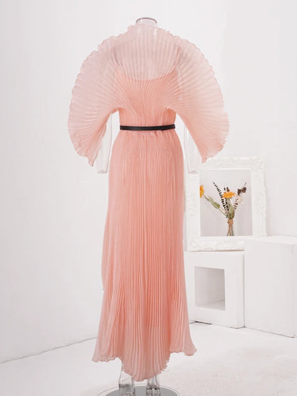 Designer Pleated A-Line Evening Dress – Elegant Long Gown with Belted Gathered Waist.