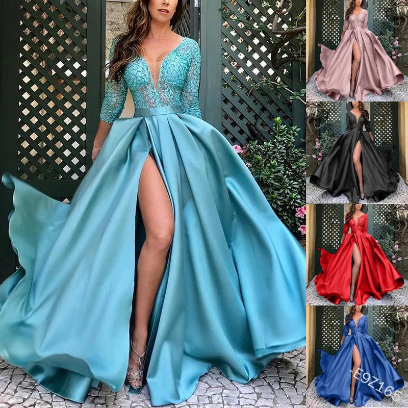 Women's V Neck Ladies Dresses Tailing Full Elegant Embroidery Long Evening Dress for Women Princess Dress