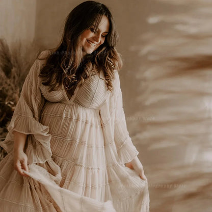 Boho Maternity Dresses For Photo Shoot Sexy V-neck Pleated Chiffon Long Sleeve Ruffle Pregnancy Dress Women's Photography Gowns