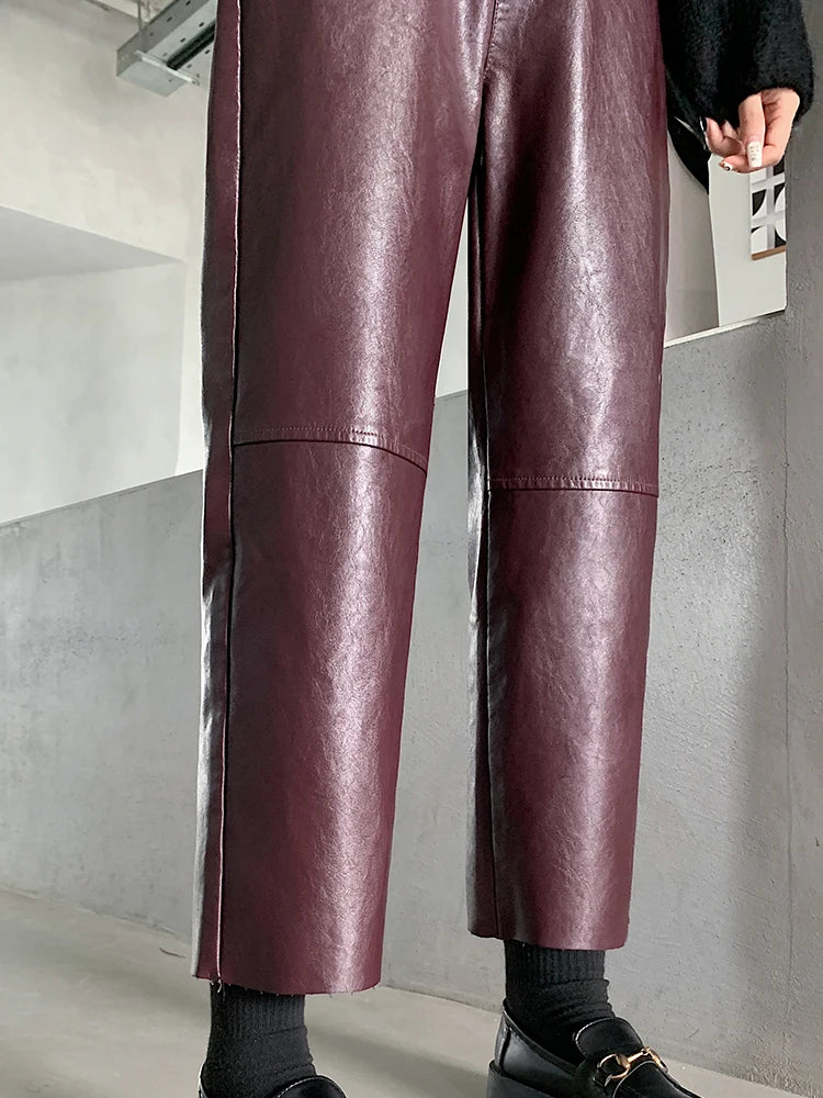 QOERLIN Fall Winter PU Leather Pants Women Elegant High Waist Pockets Faux Leather Harem Pant Female Back Elastic Waist Trousers