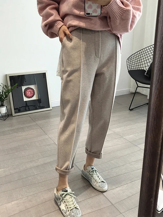 Winter Thicken Women Pencil Pants  Wool Pants Female 2019 Autumn High Waist Loose Trousers Capris Good Fabric