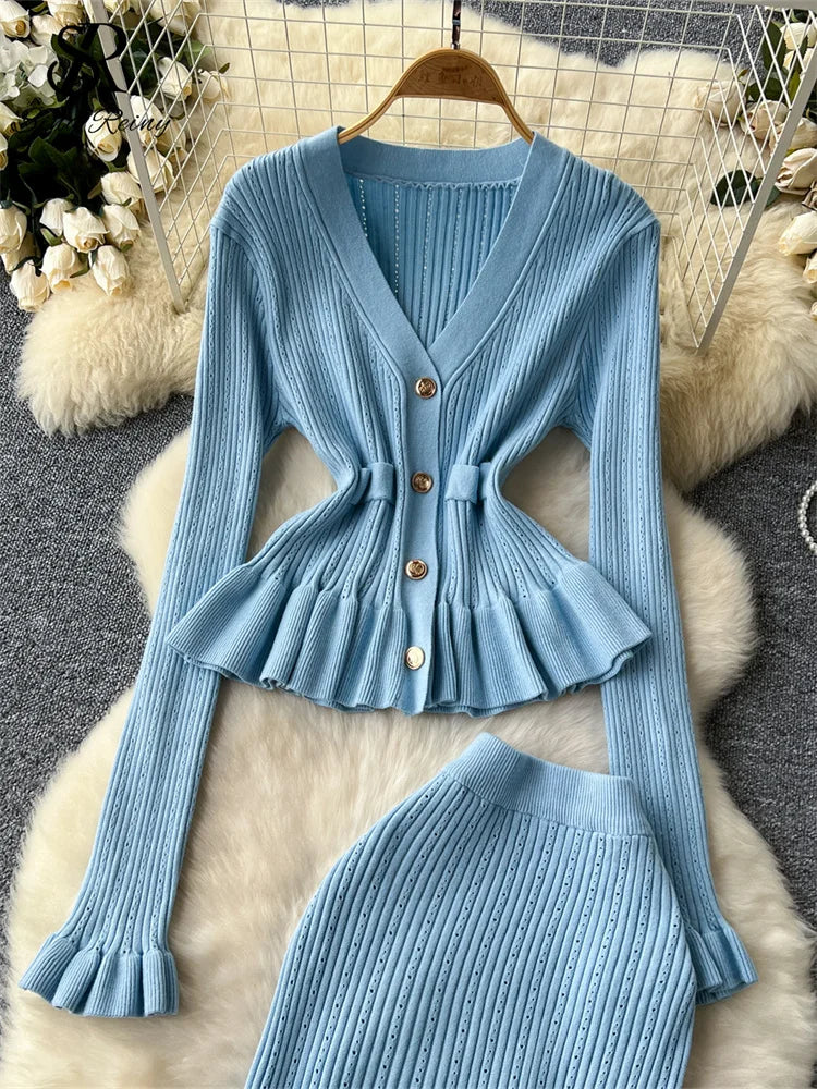 SINGREINY Korean Gentle Slim Two Pieces Sets Women Single Breasted V-Neck Cardigan+High Waist Bodycon Mermaid Skirt Knitted Sets