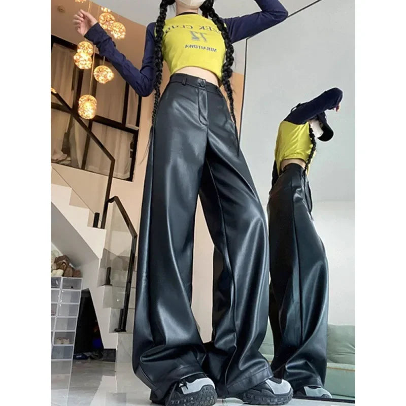 American Retro Pu Leather Casual Pants Women Autumn High Waist Slimming Leather Trousers Loose Long Pants