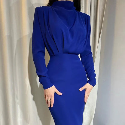 Autumn Solid Bodycon Midi Dress Turtleneck Long Sleeve Slim Office Lady Sexy Office Lady Blue Party Dresses For Women Work