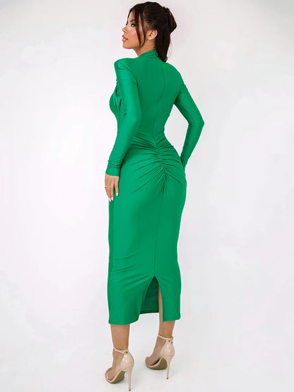 Mozlin Hollow Out Long Sleeve Sexy Maxi Dress For Women Gown Autumn Winter New Metal Buckle Ruched Slit Long Dress Elegant