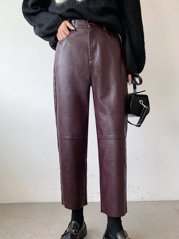 QOERLIN Fall Winter PU Leather Pants Women Elegant High Waist Pockets Faux Leather Harem Pant Female Back Elastic Waist Trousers