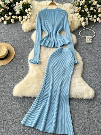 SINGREINY Korean Gentle Slim Two Pieces Sets Women Single Breasted V-Neck Cardigan+High Waist Bodycon Mermaid Skirt Knitted Sets