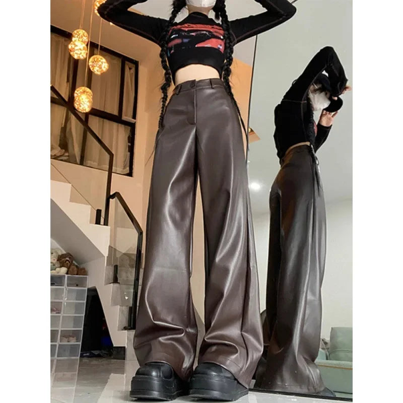 American Retro Pu Leather Casual Pants Women Autumn High Waist Slimming Leather Trousers Loose Long Pants