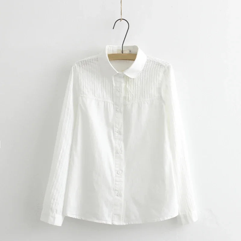 Women Lace White Shirts Summer Spring Long-sleeve Ruffled 100% Cotton Slim Soft Blouse Tops