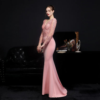 Evening Dress Pink Appliques Stretchy Full Sleeves V-neck Zipper Mermaid Trumpet Floor Length Women Party Formal Gowns YE079