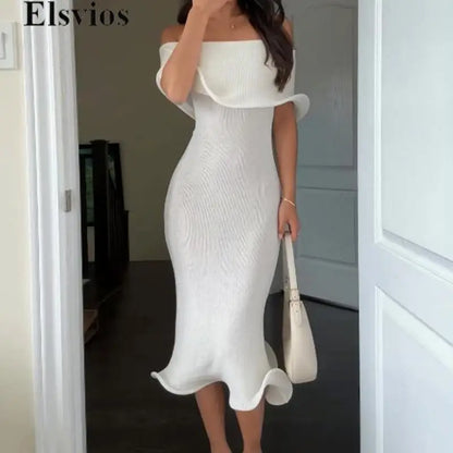 Sexy Solid Lotus Edge Midi Dress Elegant Princess One Shoulder Slim Party Dress Women Shawl Sleeve Bodycon Tube Tops Dress