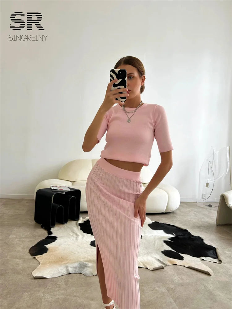 SINGREINY Casual Two Piece Sets Women Summer O Neck Top Elastic Waist Long Skirt Fashion Office Lady Korean Knit Suit