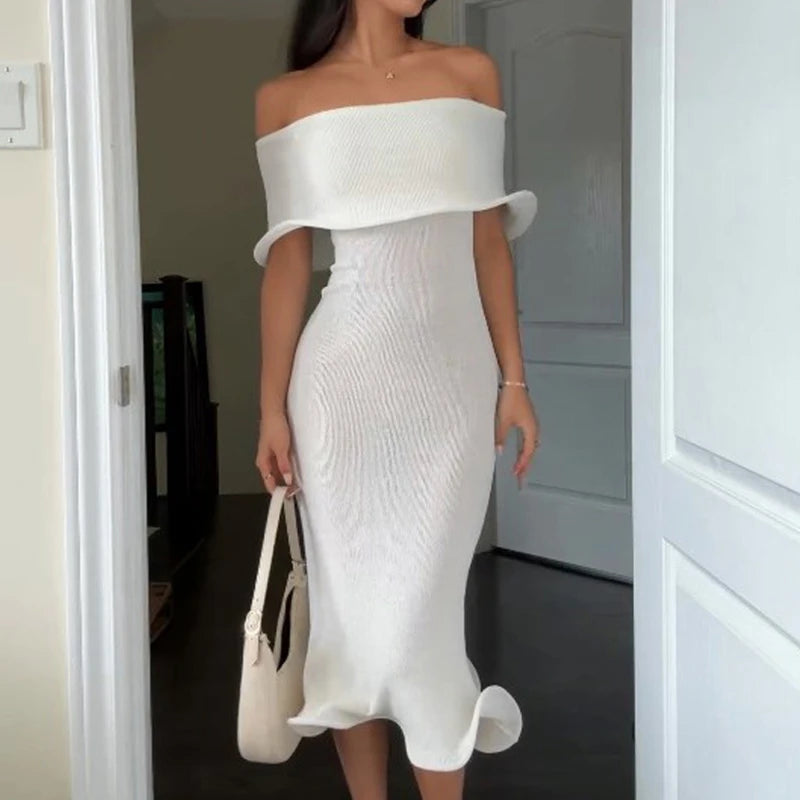 Sexy Solid Lotus Edge Midi Dress Elegant Princess One Shoulder Slim Party Dress Women Shawl Sleeve Bodycon Tube Tops Dress