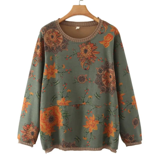 Plus Size Long Sleeve T-Shirt Women's Clothing Spring Autumn Casual Large Floral Print Bottoming Tops Senior O-Neck Tees